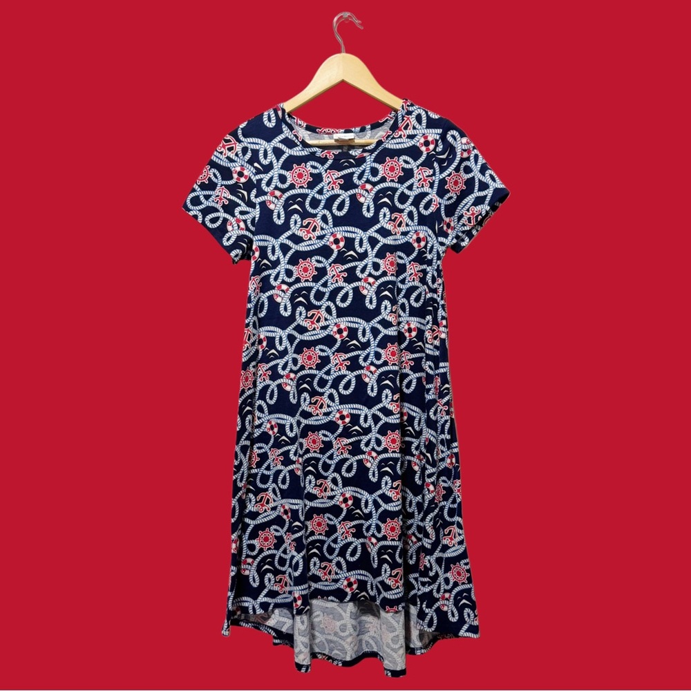 LuLaRoe Nautical Navy High-Low Carly Dress with White Rope and Red Lifebuoy